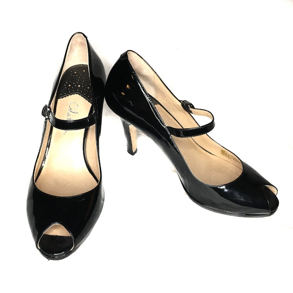 Cole Haan Black Patent Leather Peep Toe Strap Heels 7B